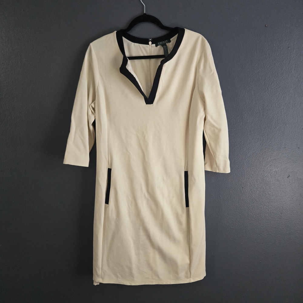Lauren Ralph Lauren Cream Shift Dress with Black Trim Large